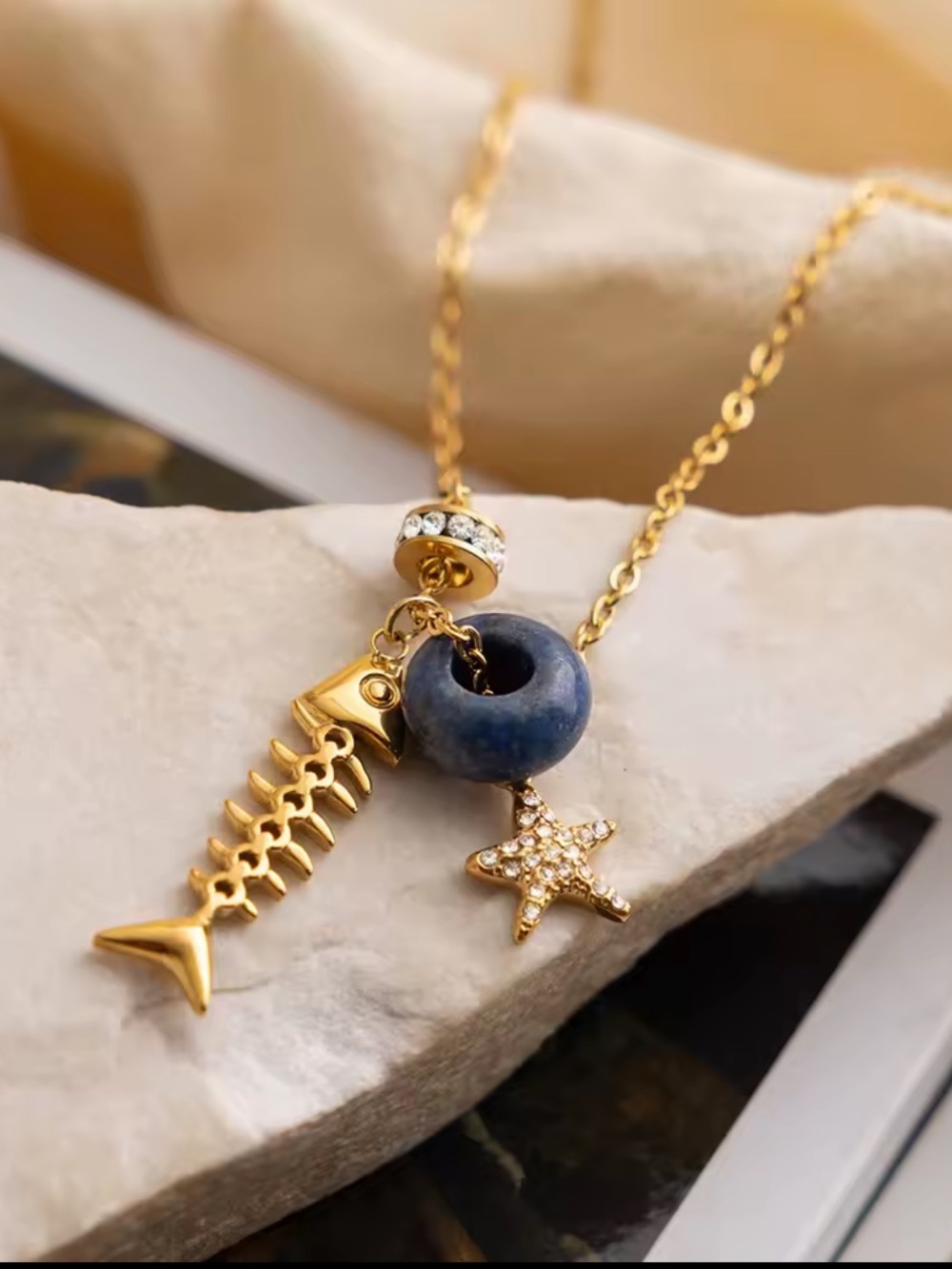 Gold Fishbone Star Charm Necklace - Picture 3 of 5